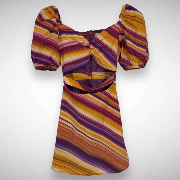 Autumn Adeigbo Alyssa Stripe Puff Sleeve Cutout Mini Dress Size 4 Sundress Boho - Picture 2 of 10